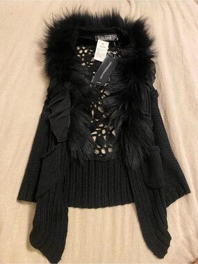 Sakura Black Faux Fur-Trim Open Knit Sweater vest